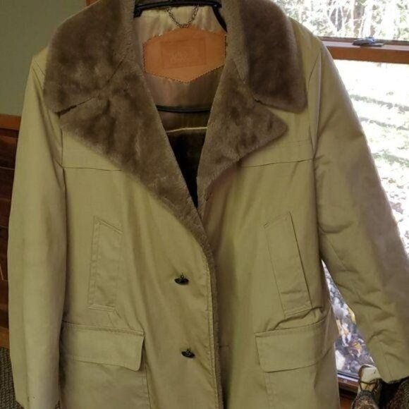 Woolrich Vintage Heavy Lined Tan Winter Sz L-40 Long Button Collared Pocket Coat - Picture 3 of 10